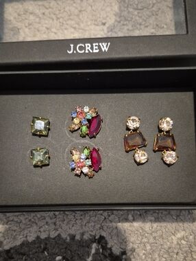 J. Crew Multistone Blue, Brown, Crystal and Clear Stud Earring Set - New In Box
